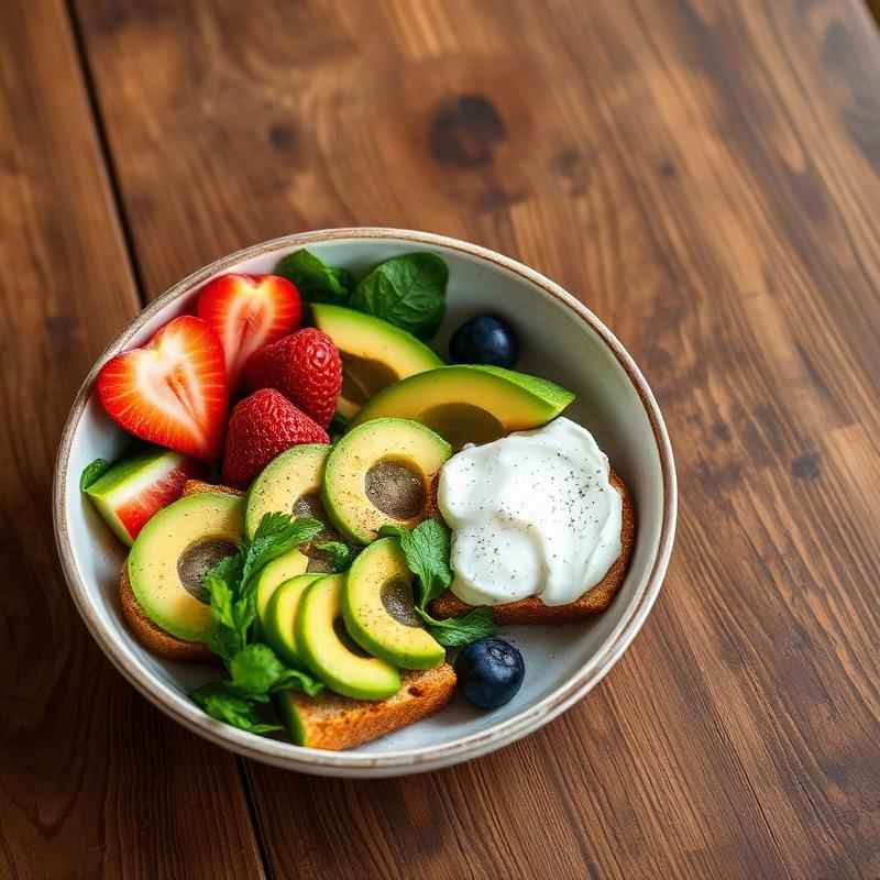 Bowl saludable con aguacate y fruta